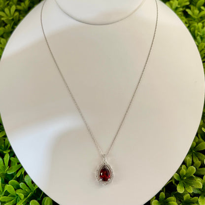 Vintage 14K White Gold Pear Garnet & Diamond Necklace