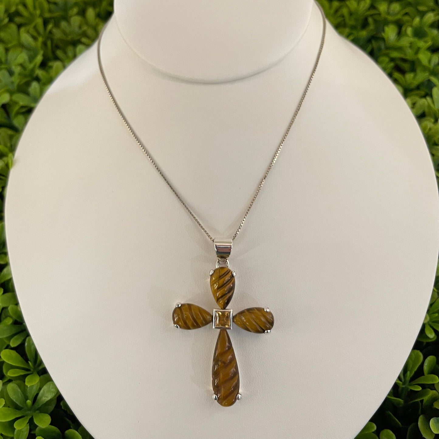 Vintage Sterling Silver Tigers Eye & Citrine Stone Cross Necklace