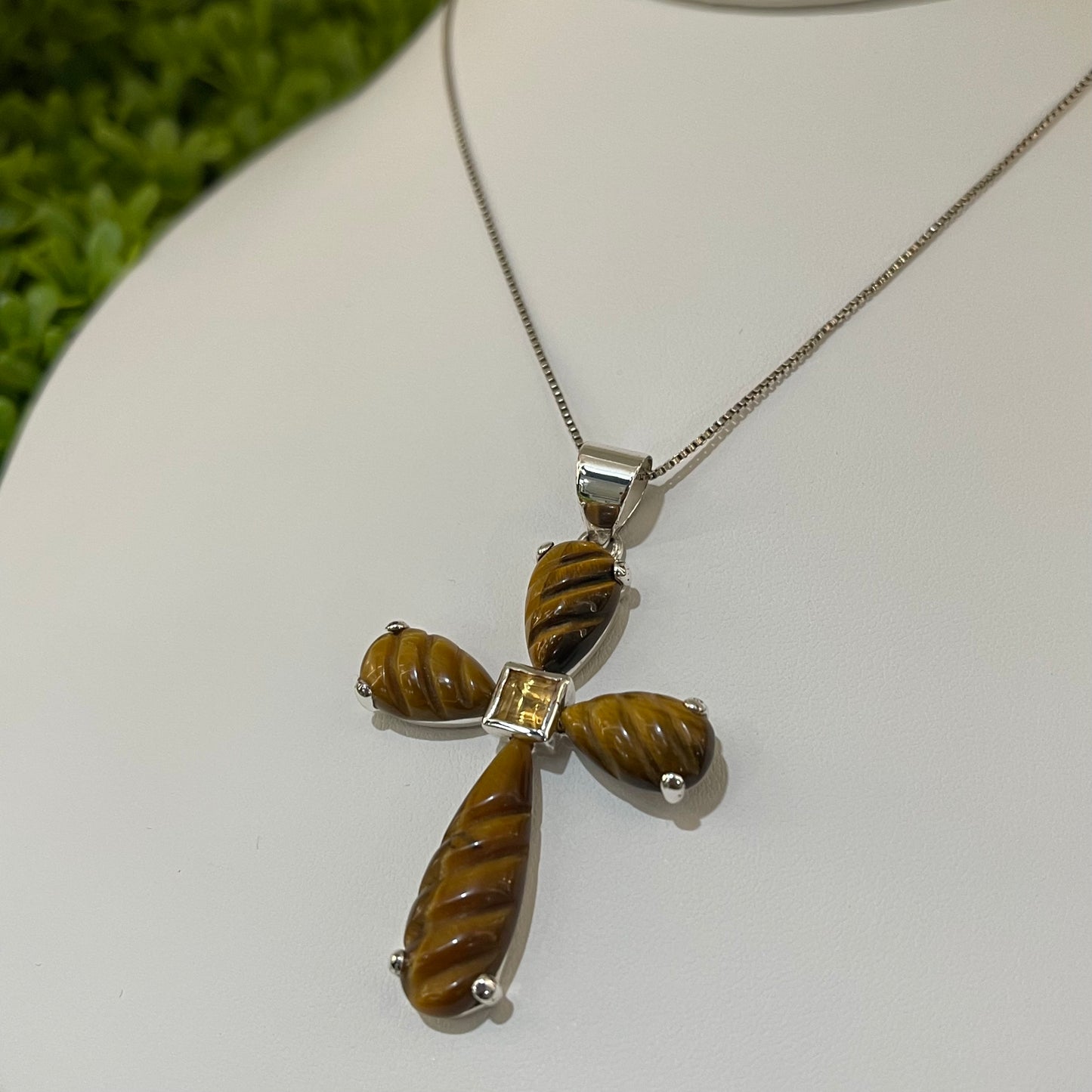 Vintage Sterling Silver Tigers Eye & Citrine Stone Cross Necklace