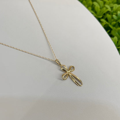 Vintage 14K Yellow Gold Open Ribbon Design Cross Necklace