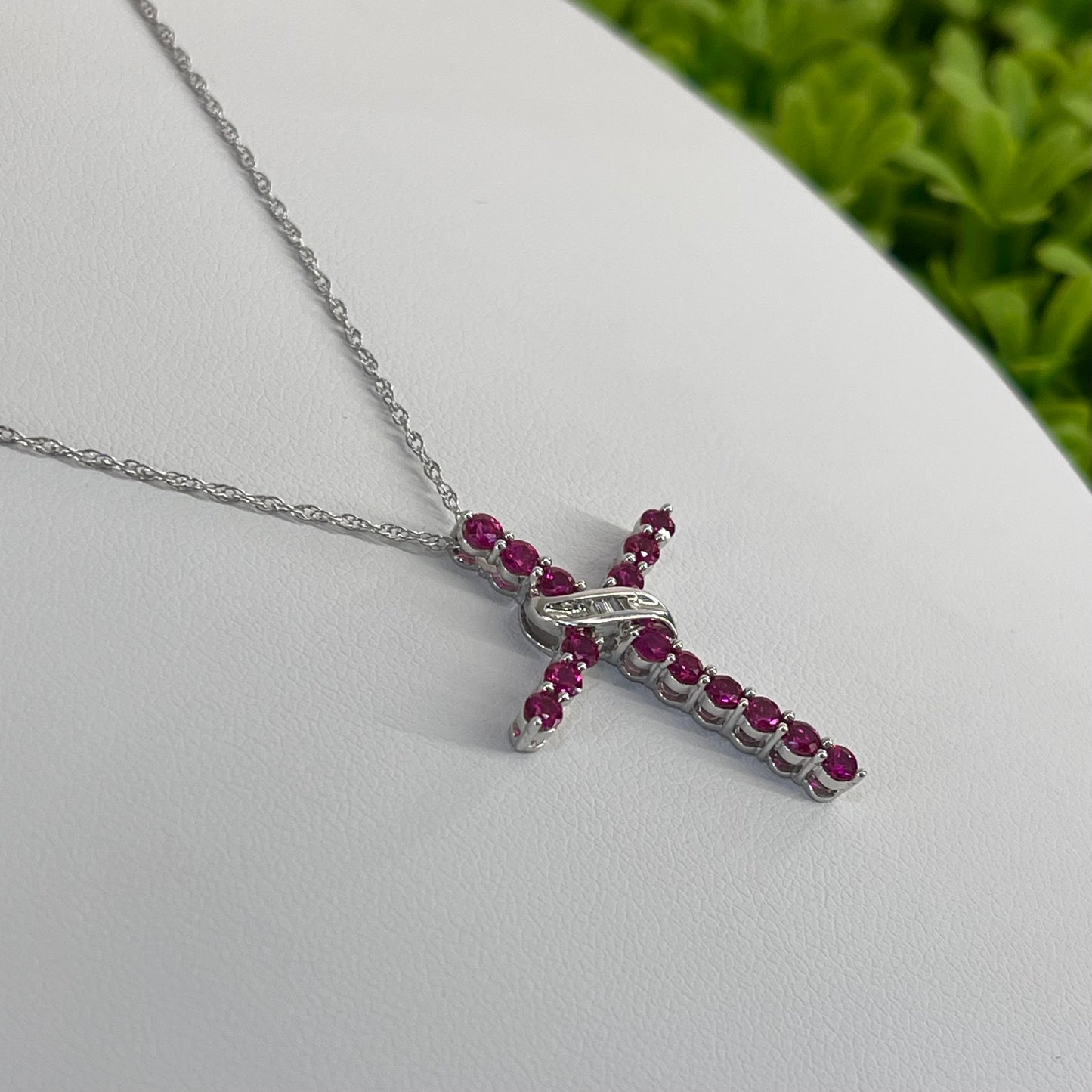 Vintage 10K White Gold Ruby & Diamond Cross Necklace