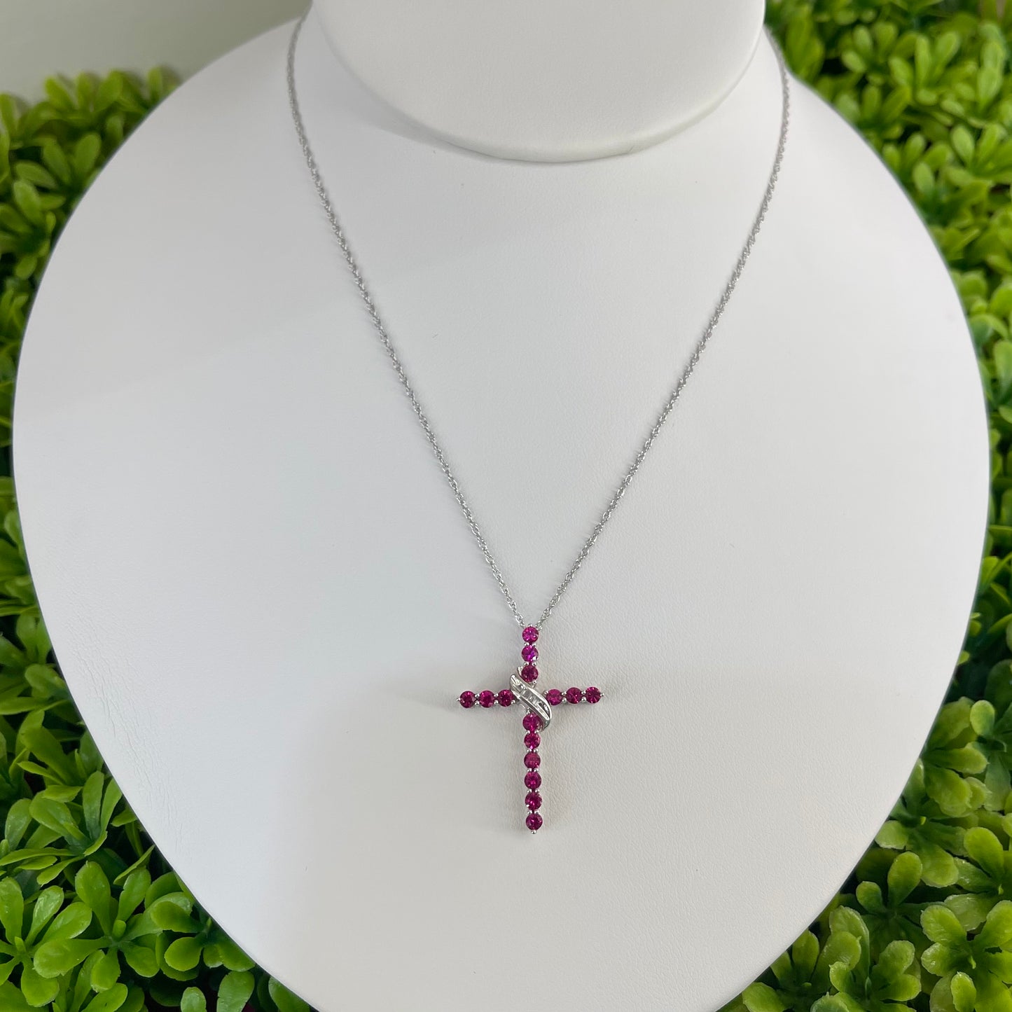 Vintage 10K White Gold Ruby & Diamond Cross Necklace