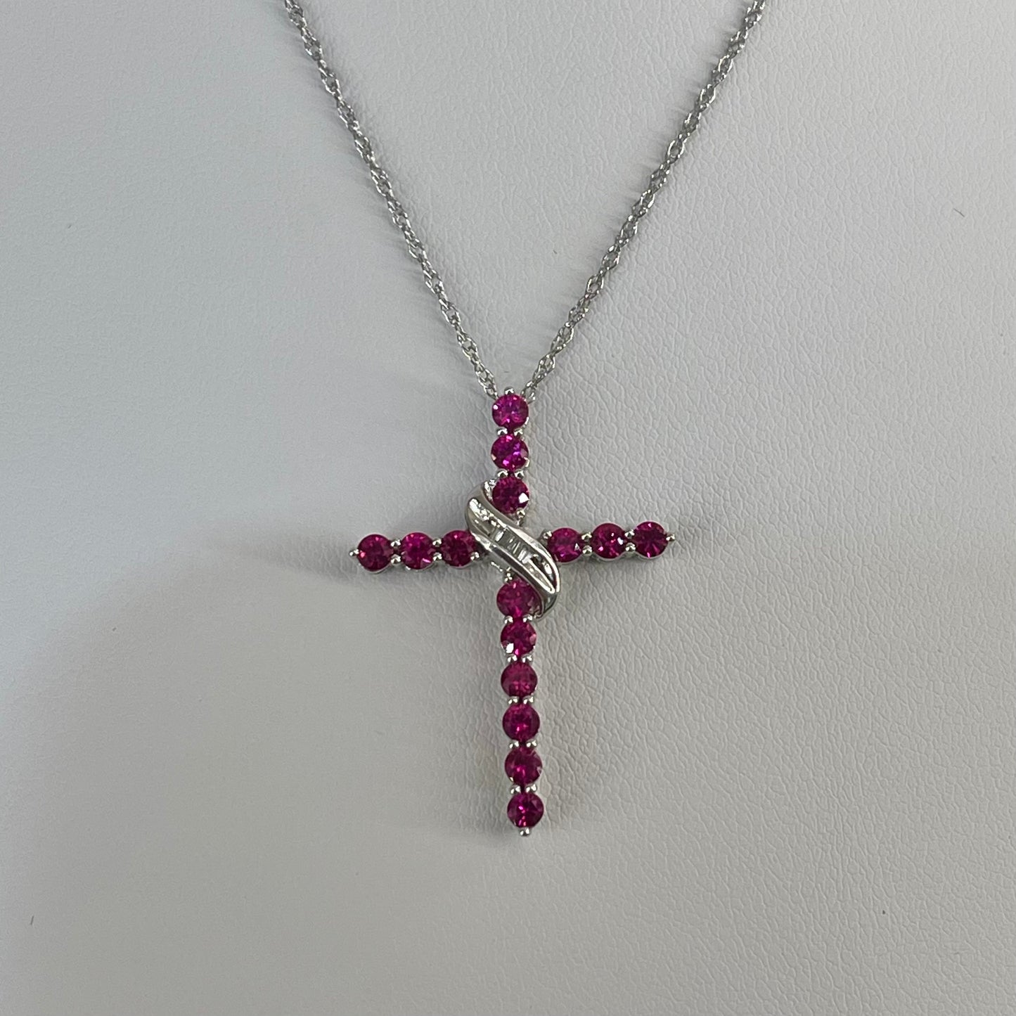 Vintage 10K White Gold Ruby & Diamond Cross Necklace