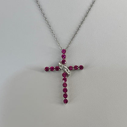 Vintage 10K White Gold Ruby & Diamond Cross Necklace