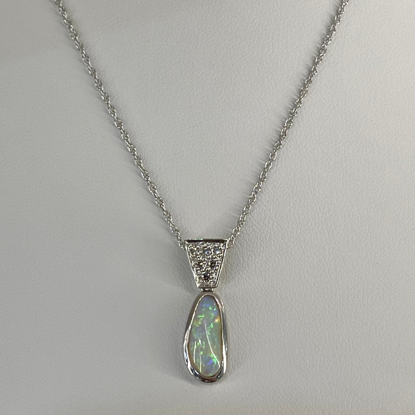 Vintage 14K White Gold Opal & Diamond Pendant