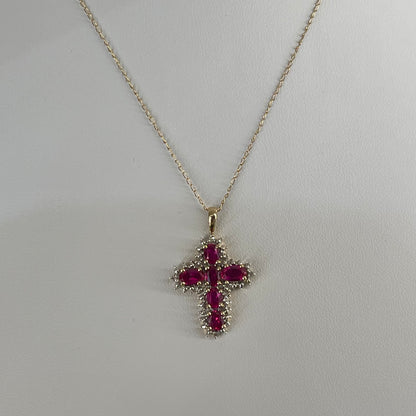 Vintage 10K Yellow Gold Ruby Cross Necklace