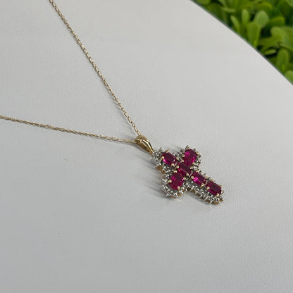 Vintage 10K Yellow Gold Ruby Cross Necklace