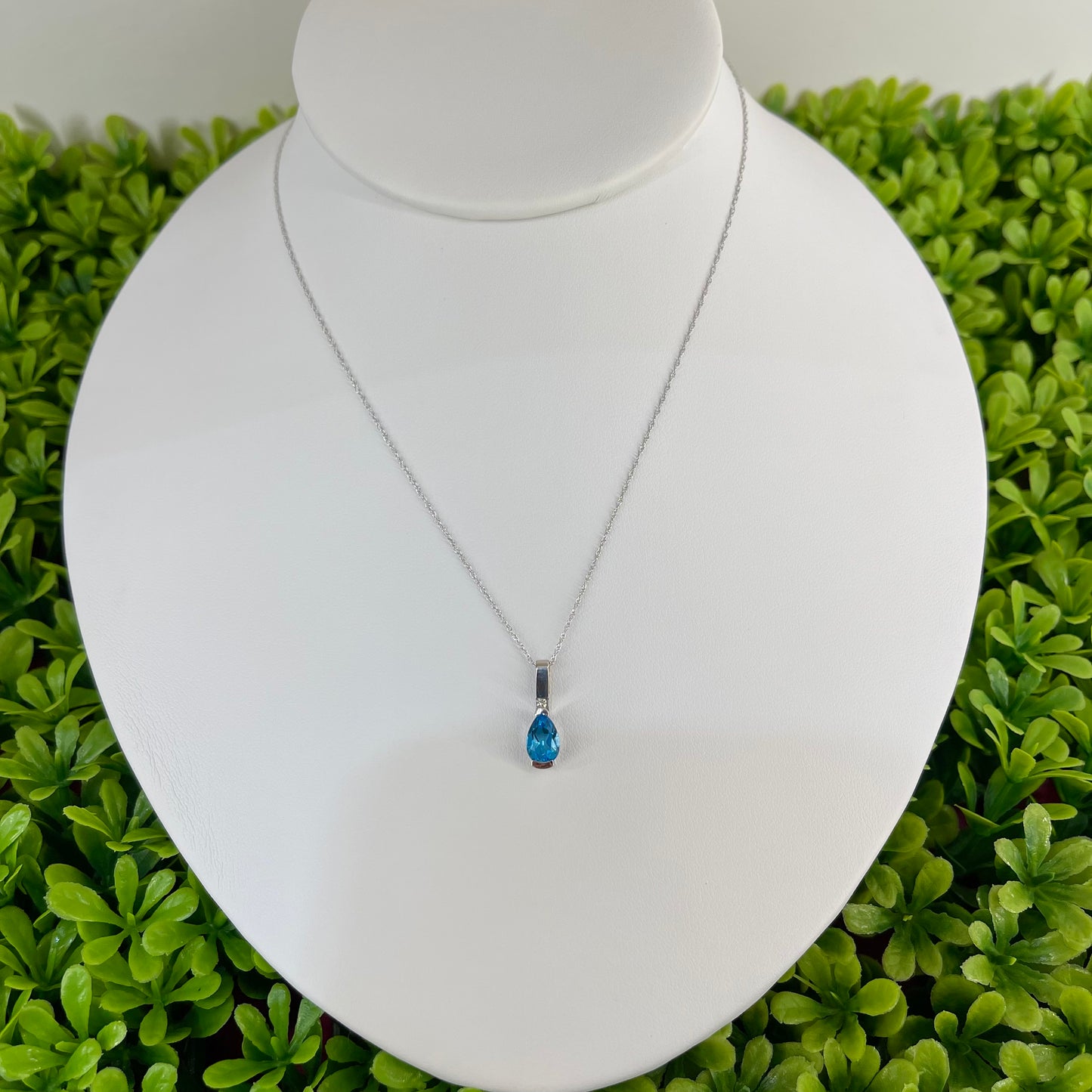 Vintage 14K White Gold Blue Topaz & Diamond Pendant