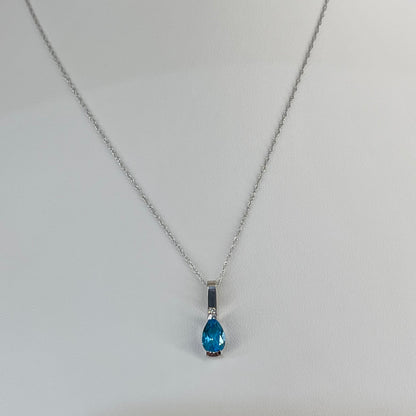 Vintage 14K White Gold Blue Topaz & Diamond Pendant