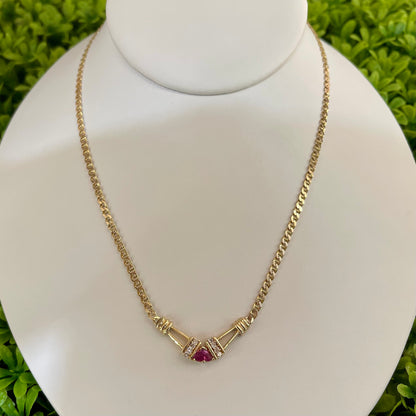 Vintage 14K Yellow Gold Diamond & Pink Tourmaline Necklace