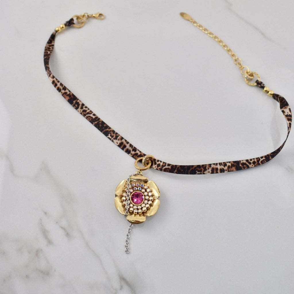 Leopard Satin Vintage Gold Daisy Necklace - Minkaa Daisy