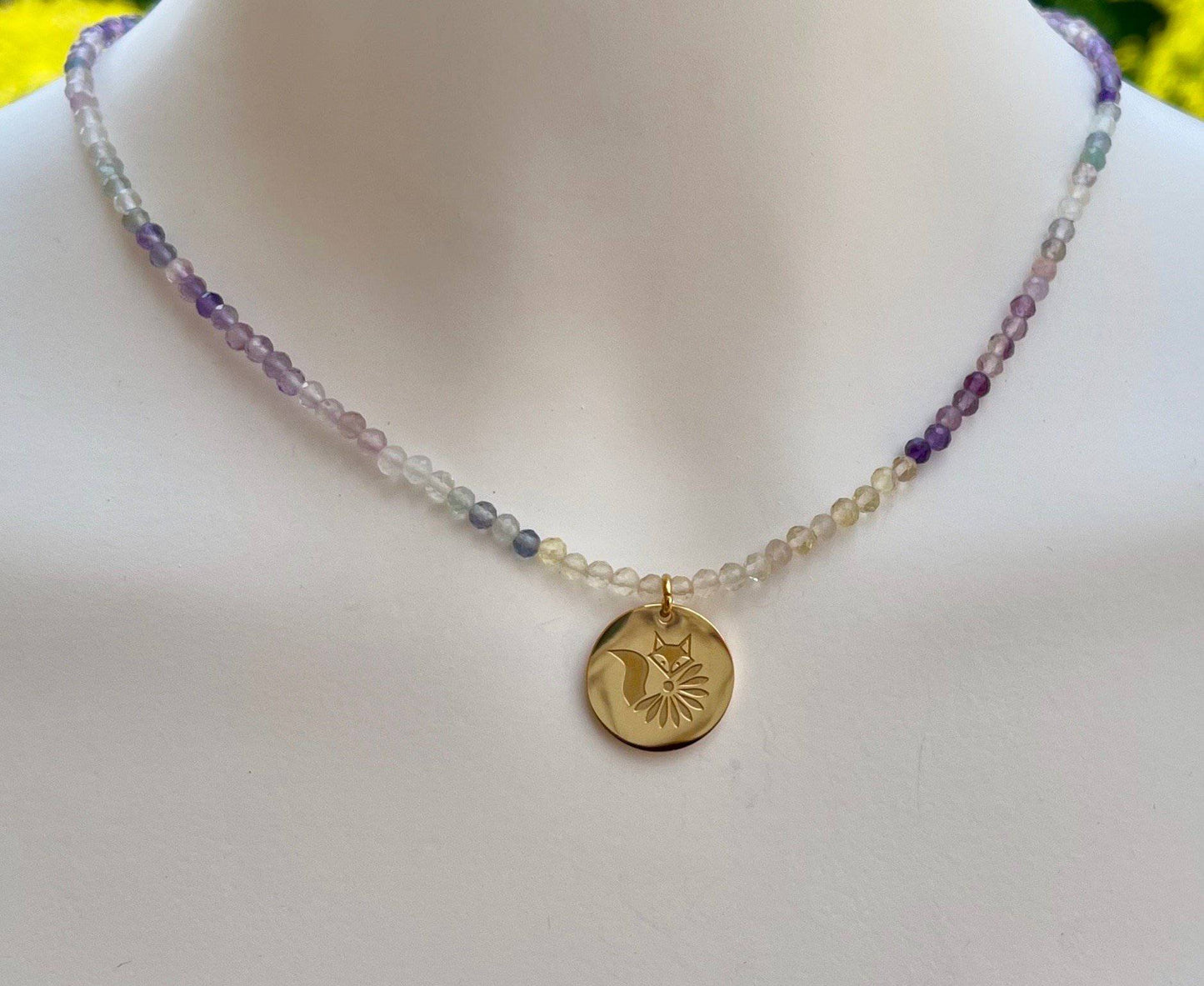 Genuine Gemstone Necklace with Lucky Coin Fox Medallion - Minkaa Daisy