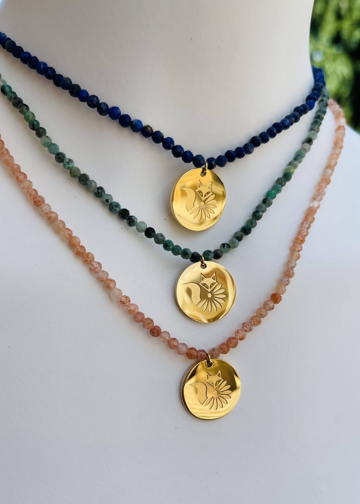 Genuine Gemstone Necklace with Lucky Coin Fox Medallion - Minkaa Daisy