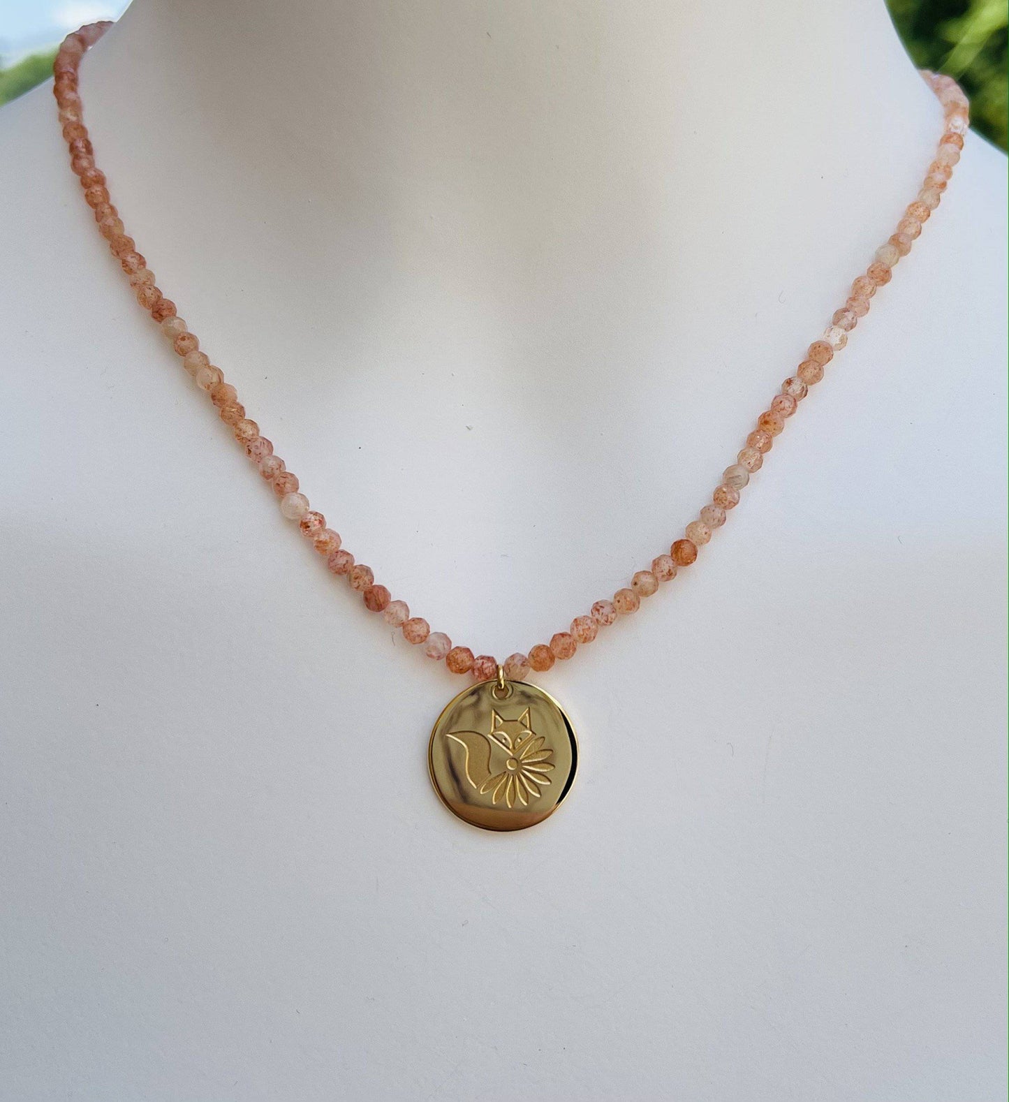 Genuine Gemstone Necklace with Lucky Coin Fox Medallion - Minkaa Daisy