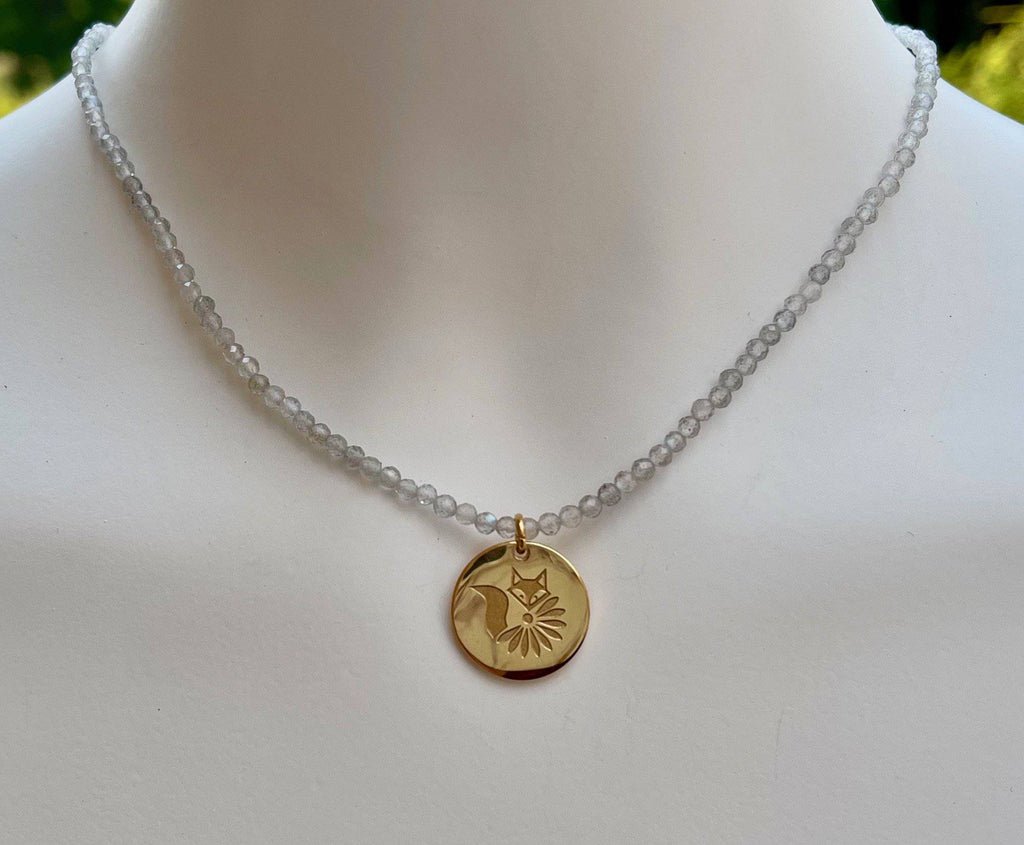 Genuine Gemstone Necklace with Lucky Coin Fox Medallion - Minkaa Daisy