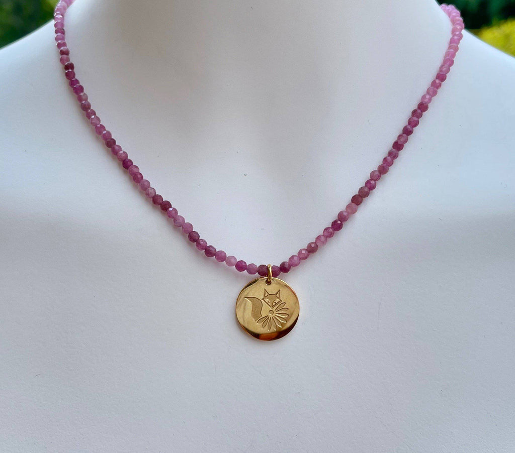 Genuine Gemstone Necklace with Lucky Coin Fox Medallion - Minkaa Daisy