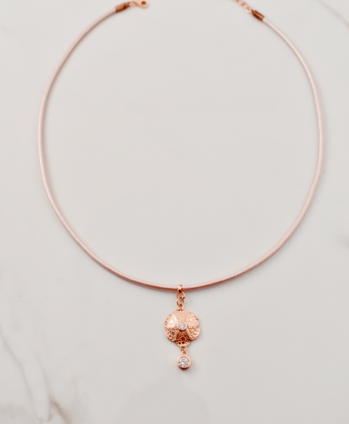 Sterling Silver Rose Gold Micro Crackle with Pink Leather Necklace - Minkaa Daisy