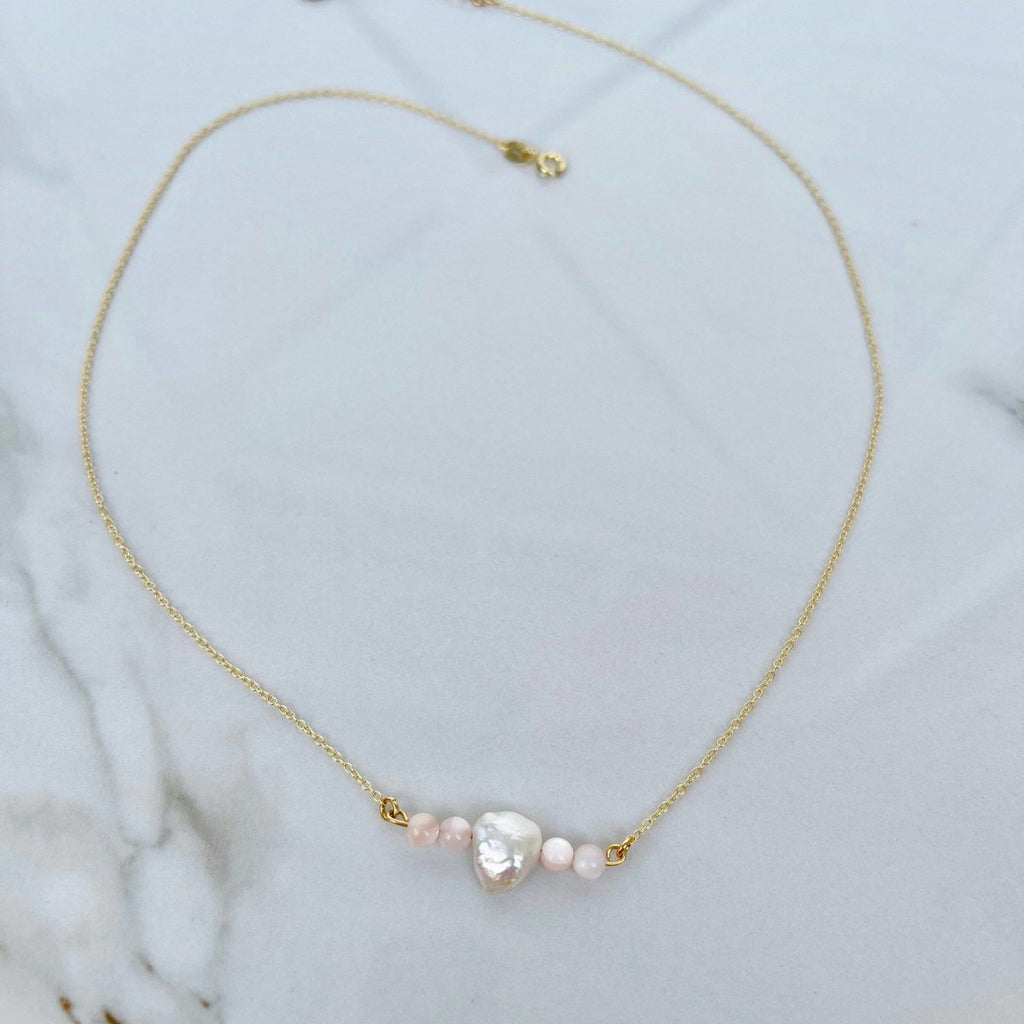 Mother of Pearl 'Precious Pink' with Freshwater Pearl Bar Necklace - Minkaa Daisy